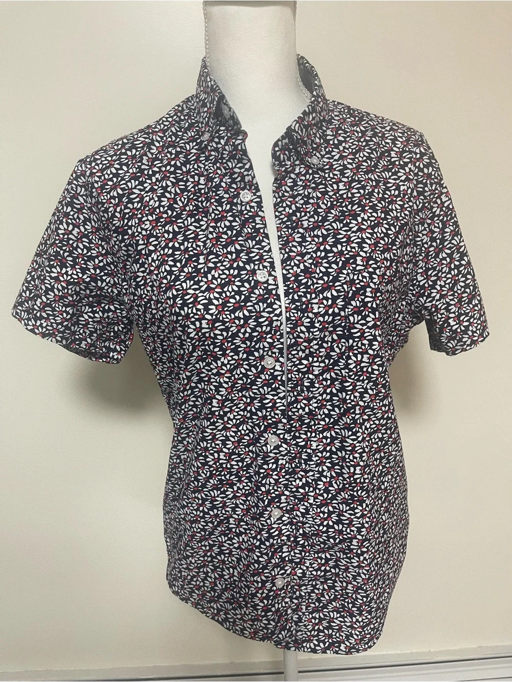 J. Crew Navy Short-Sleeve Button-Down with White and Red Leaf Print